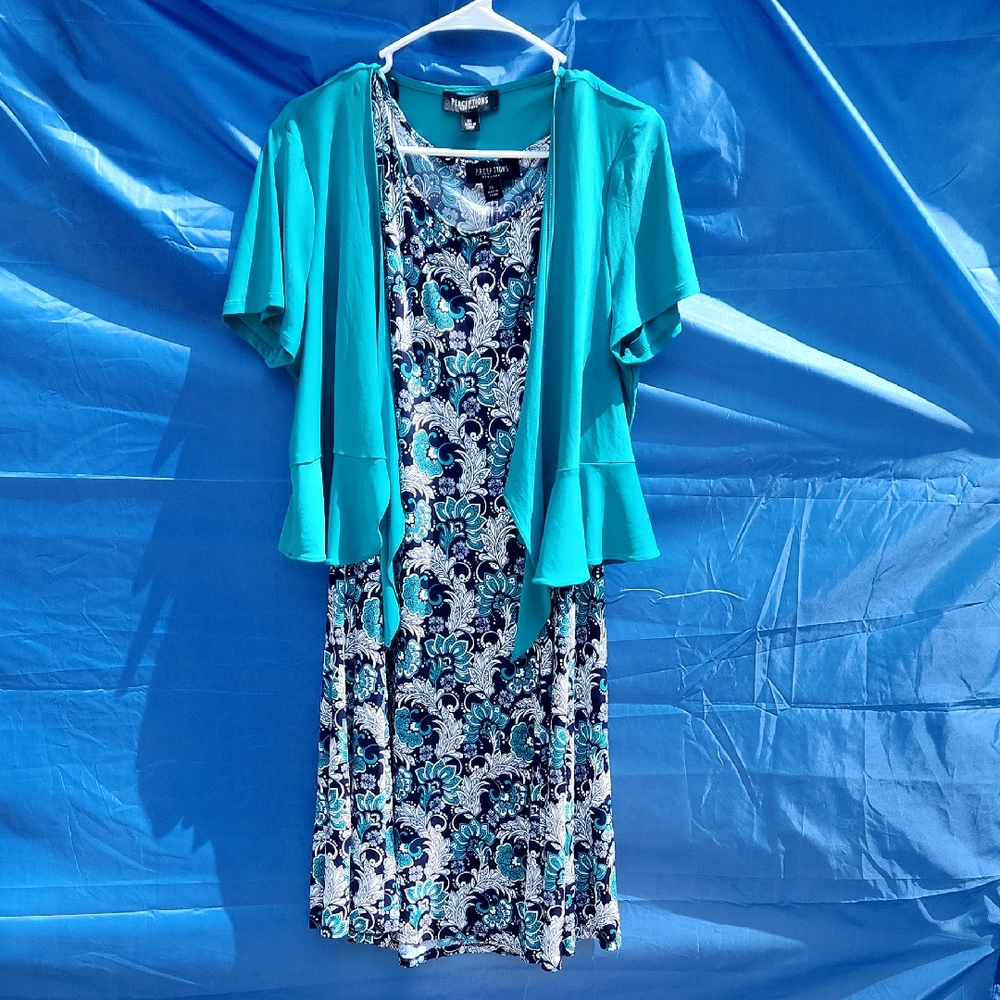 Blue Floral Dress with Teal Cardigan